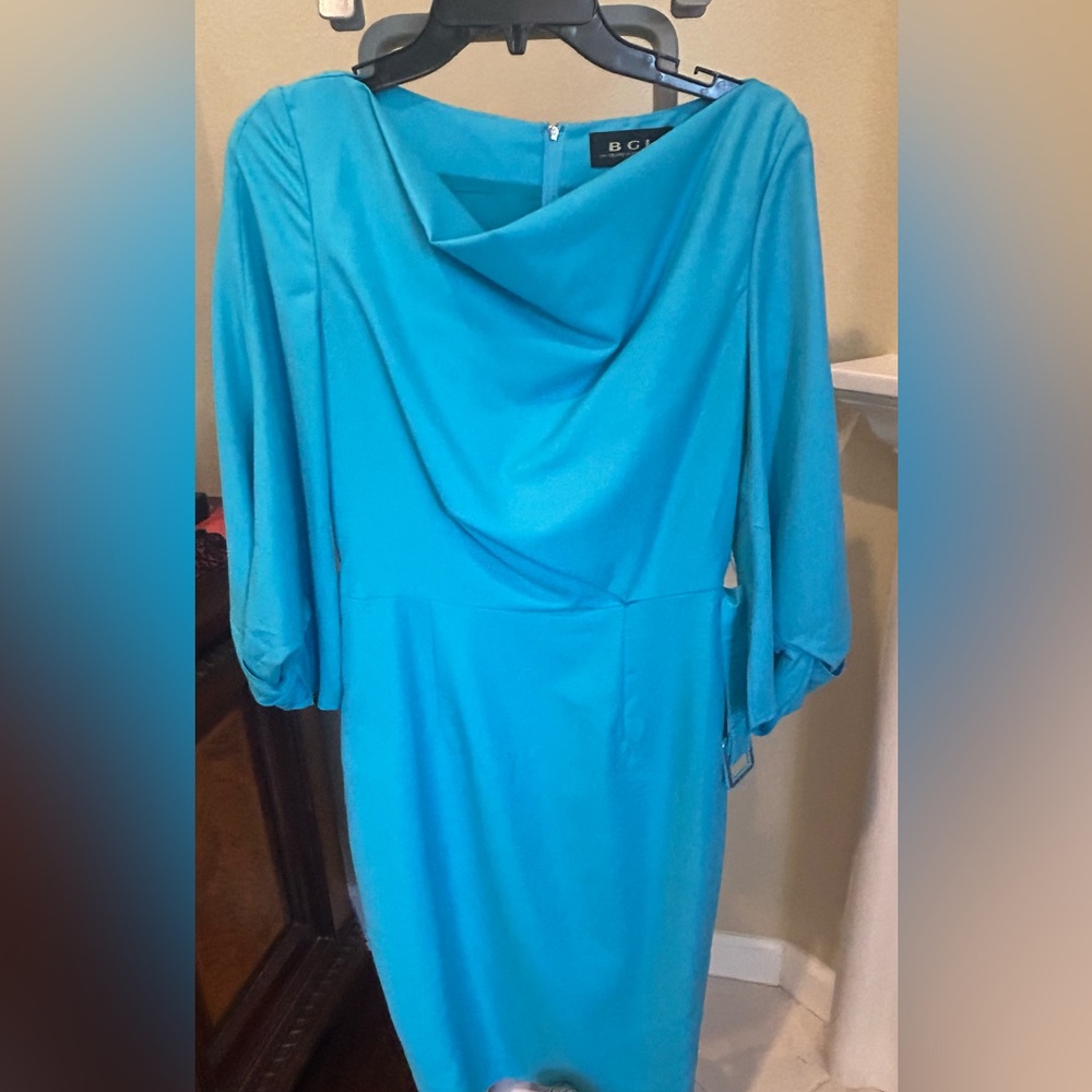 BGL Blue Ruched Cowl Neck Dress with Dolman Sleeves